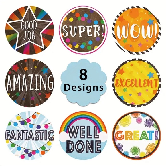 Office | Roll Of 50 Reward Stickers Bright Colors 8 Designs Good Job ...
